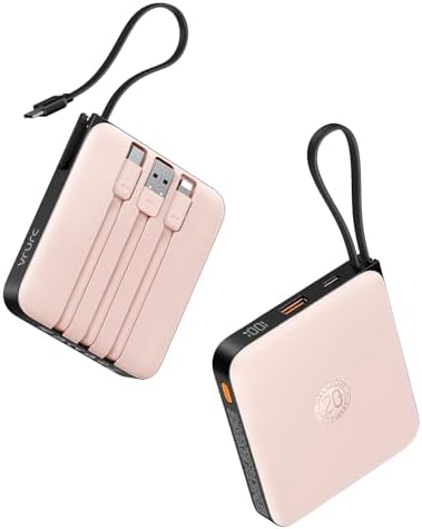 VRURC 22.5W Fast Charging Portable Charger with Built-in Cable, 10000mAh Power Bank & LED Display, PD20W USB C Battery Pack for iPhone 15 14 13 Samsung Galaxy S23 S22 Google Android Airpods Pro, Pink