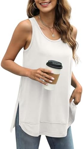 WIHOLL Loose Fit Tank Tops for Women Scoop Neck Summer Side Split Sleeveless Shirts 2024 Fashion