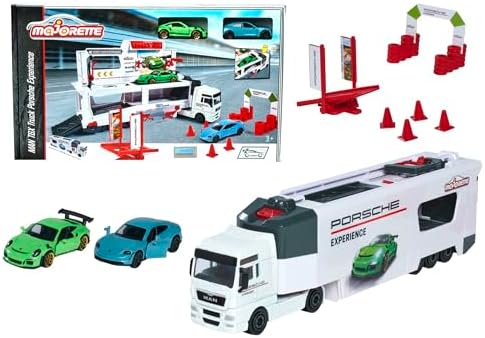 Majorette- Camión Porsche Experience 27cm, Incluye 2 Coches de Metal de 7,5cm, Partes Desplegables y Numerosos Accesorios, Adecuado A Partir de 3 Años, Color (212053304)