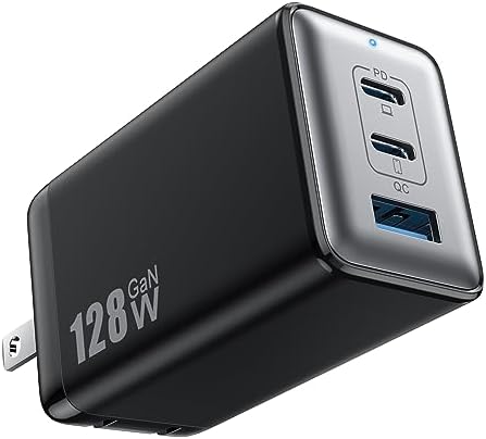 128W USB C Wall Charger,GaN III 3-Port Fast Charging Station,PD QC Foldable Charger Block Portable 65W Laptop Adapter for MacBook Pro/Air,iPad Pro,Galaxy S23,Dell XPS 13,iPhone 15/Pro etc Black