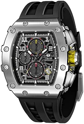 TSAR BOMBA Tonneau Mens Luxury Watch 50M Waterproof Luminous Date Chronograph Wrist Watch with Japanese Quartz Movement Sapphire Crystal Silicone Strap Fashion Sport Watches Gift for Men