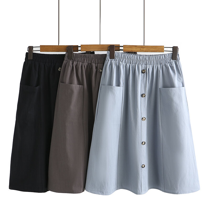 100.00kg Chubby Girl Summer K-style Women's Mid Length Long Length A- line Skirt Elastic Waist One Breasted Pocket plus Size Skirt